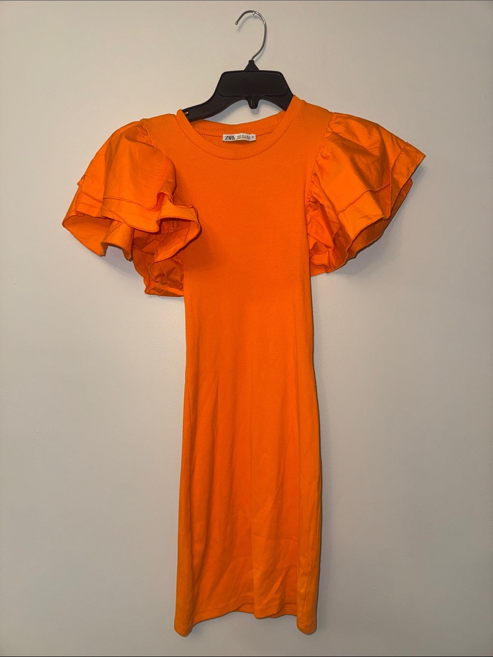 Zara Bright Orange Ruffle Sleeve Midi Dress
